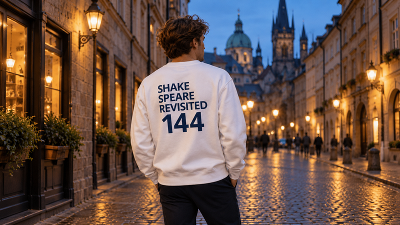 Back view of a white Shakespeare Revisited sweatshirt with navy lettering on a lamp-lit European street