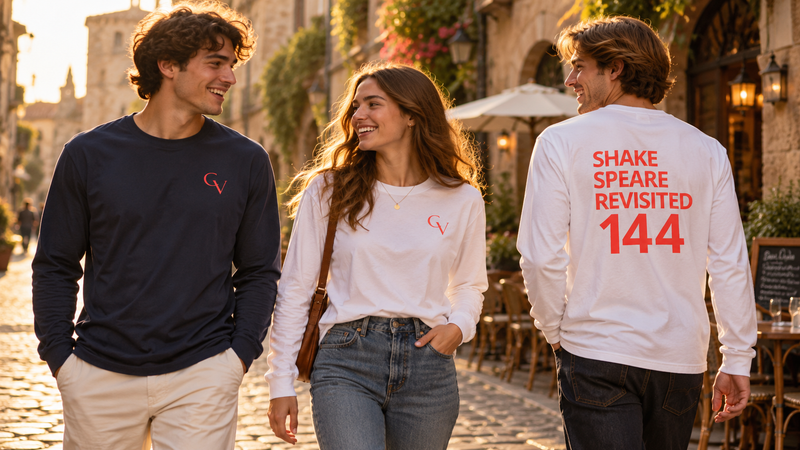 Three models wearing Shakespeare Revisited long-sleeve shirts in a sunlit European street