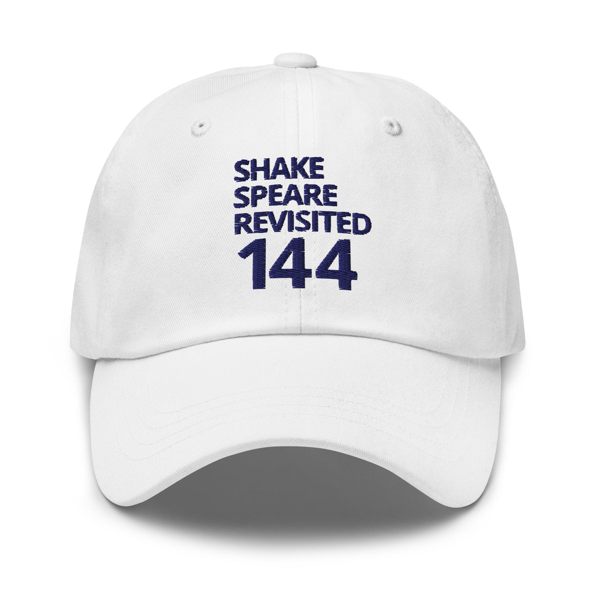 white cap with navy logo in white, front view — Shakespeare Revisited