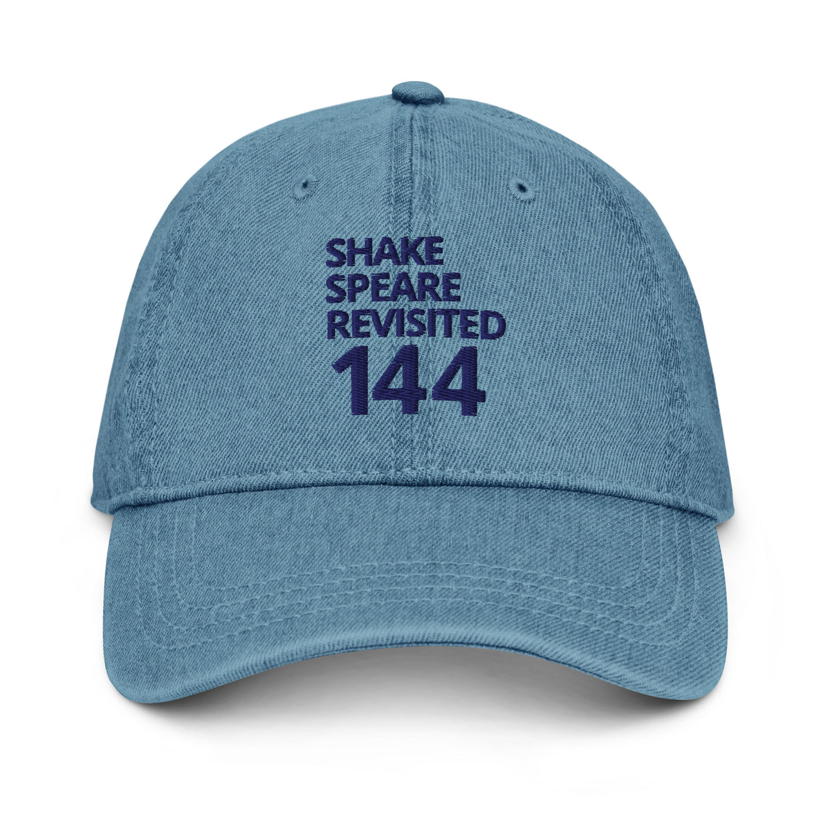 Shakespeare Revisited denim cap with navy logo in blue denim, front view