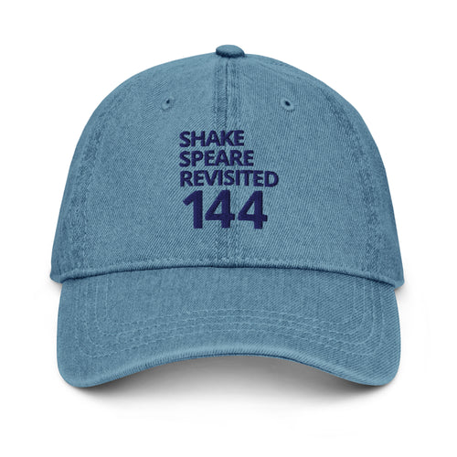 Shakespeare Revisited denim cap with navy logo in blue denim, front view