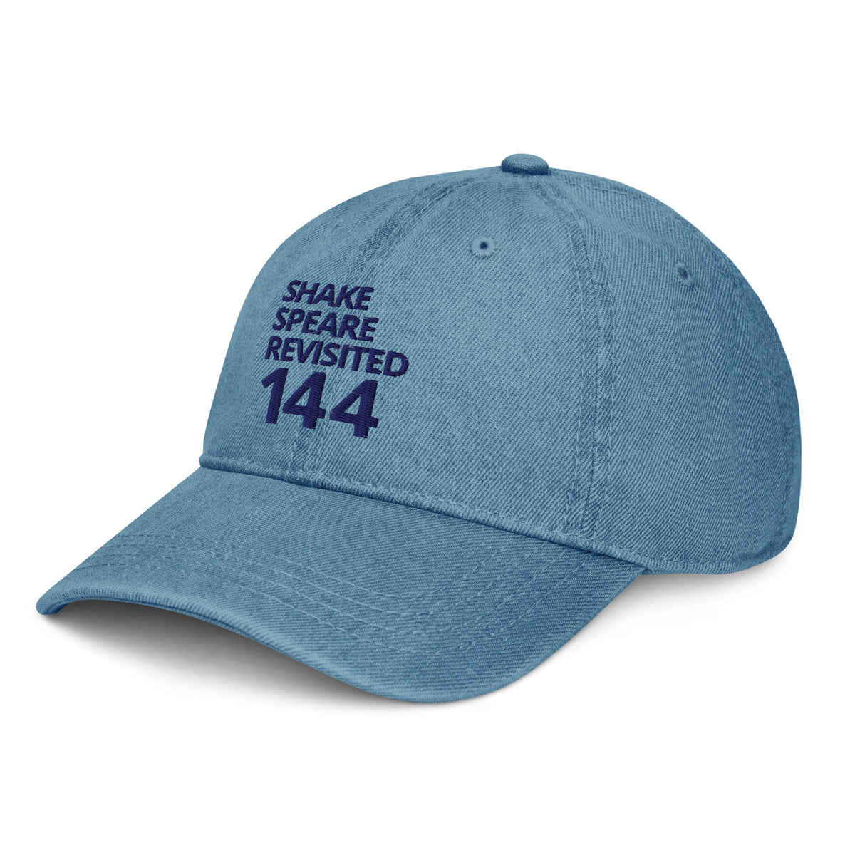 Shakespeare Revisited denim cap with navy logo in blue denim, left front view