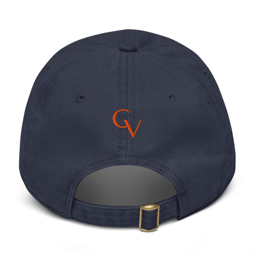 Shakespeare Revisited garment-washed cap with coral logo in navy, back view