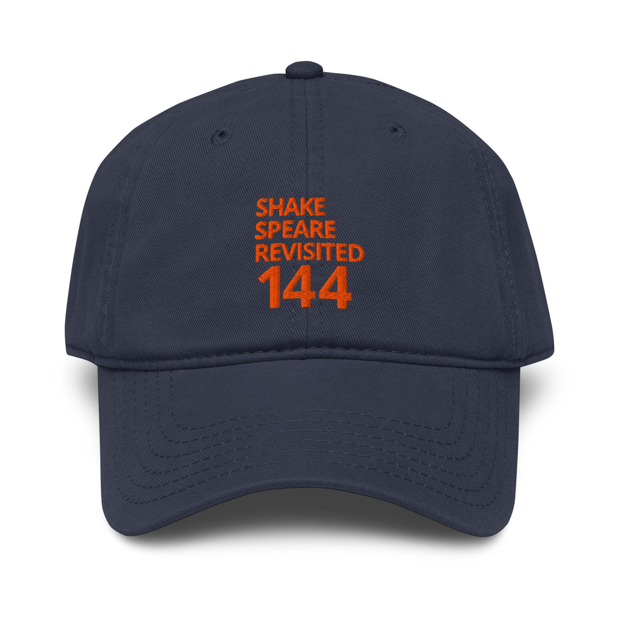 Shakespeare Revisited garment-washed cap with coral logo in navy, front view