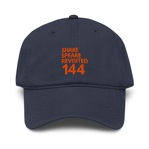 Shakespeare Revisited garment-washed cap with coral logo in navy, front view