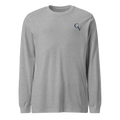 Front view of Shakespeare Revisited Navy Blue Logo long-sleeve T-shirt in athletic heather
