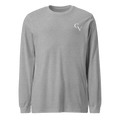 athletic heather long sleeve with white Shakespeare Revisited logo, front view
