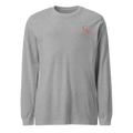 athletic heather long sleeve with coral Shakespeare Revisited logo, front view