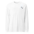 Front view of Shakespeare Revisited Navy Blue Logo long-sleeve T-shirt in white