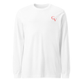 white long sleeve with coral Shakespeare Revisited logo, front view
