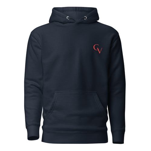 Front view of Shakespeare Revisited Coral Red Logo hoodie in navy blue