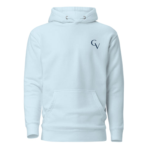 Front view of Shakespeare Revisited Navy Blue Logo hoodie in sky blue
