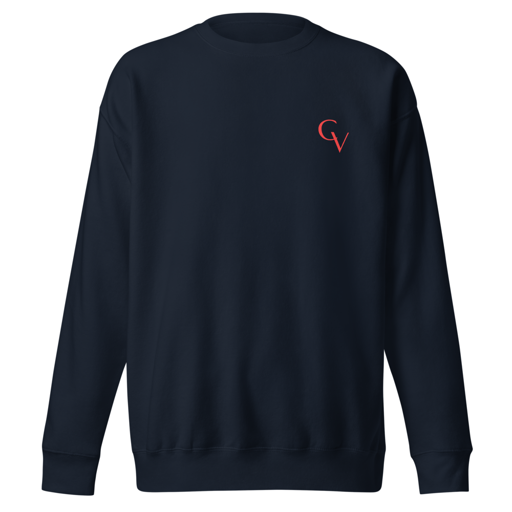 sweatshirt with coral logo in navy blue, front view — Shakespeare Revisited