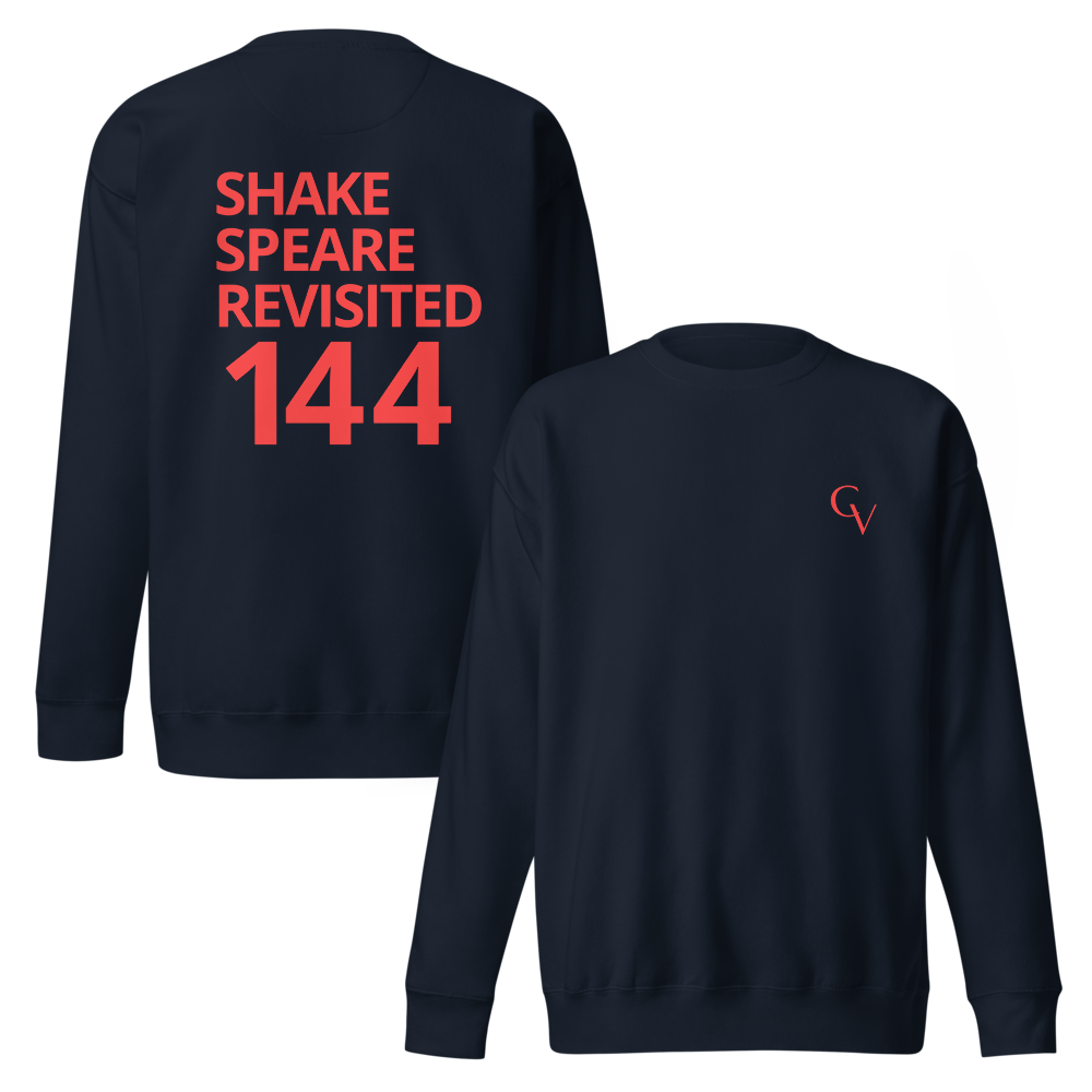 sweatshirt with coral logo in navy blue, front and back view — Shakespeare Revisited
