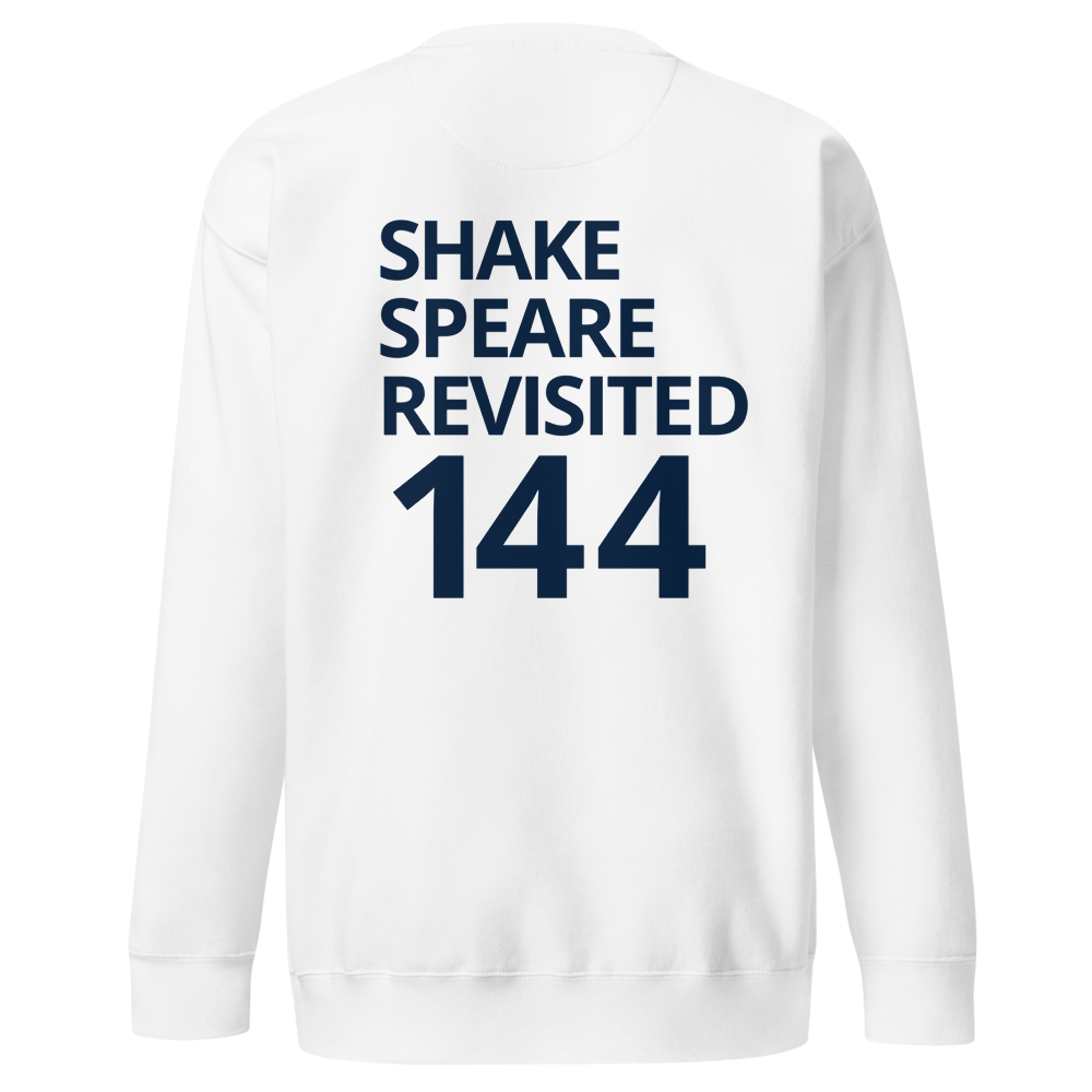 sweatshirt with navy logo in white, back view — Shakespeare Revisited