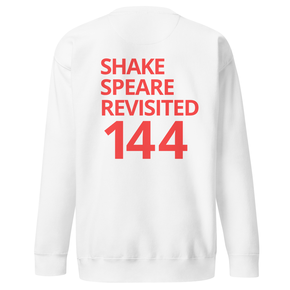 sweatshirt with coral logo in white, back view — Shakespeare Revisited