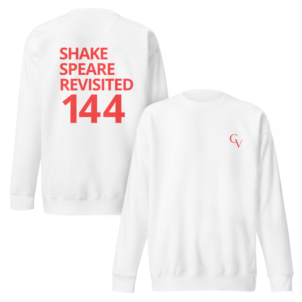 sweatshirt with coral logo in white, front and back view — Shakespeare Revisited