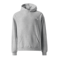 athletic heather oversized hoodie with white Shakespeare Revisited logo, front view