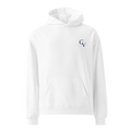 White oversized Shakespeare Revisited hoodie with navy logo, front view