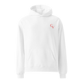 white oversized hoodie with coral Shakespeare Revisited logo, front view