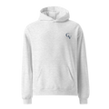 White Heather oversized Shakespeare Revisited hoodie with navy logo, front view