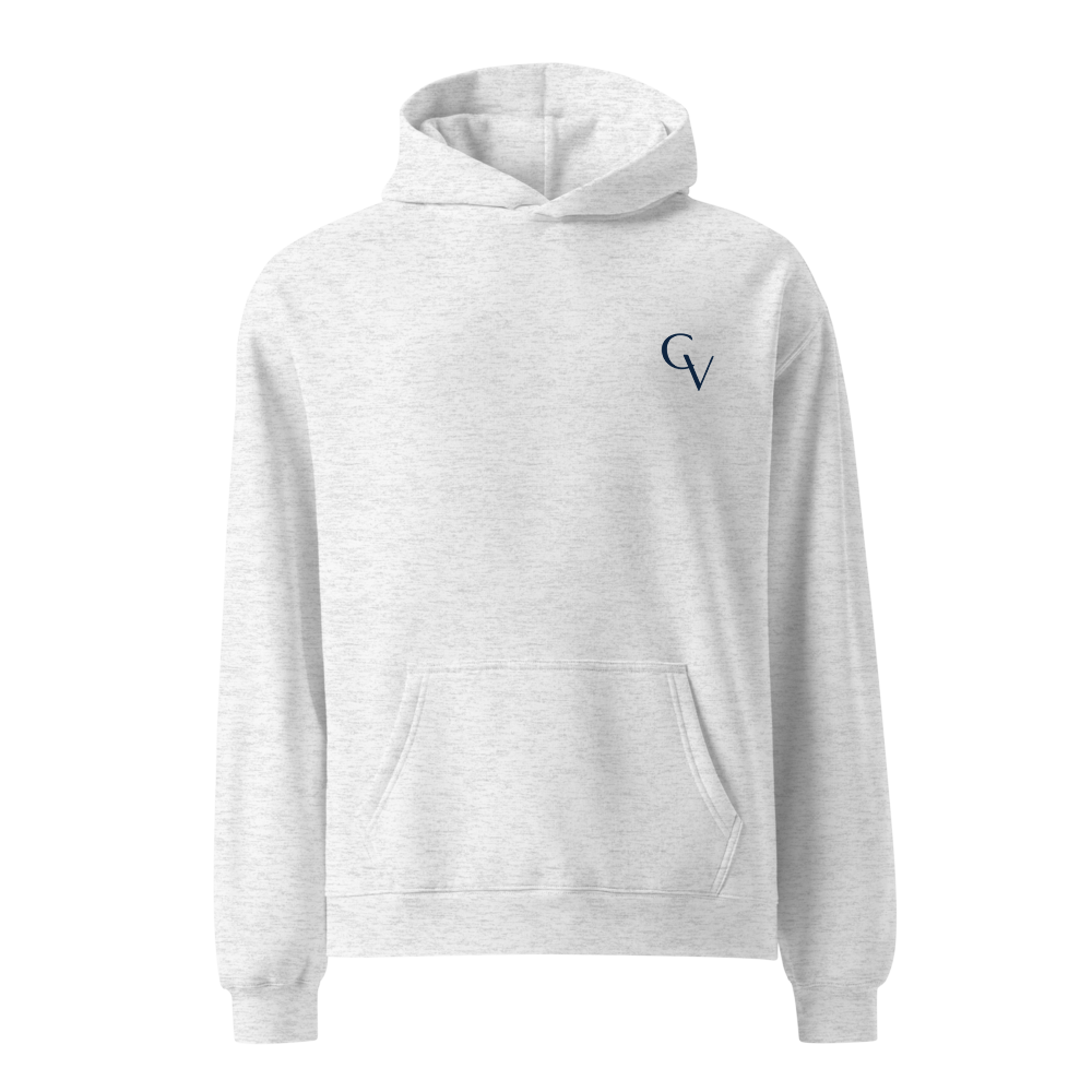 White Heather oversized Shakespeare Revisited hoodie with navy logo, front view