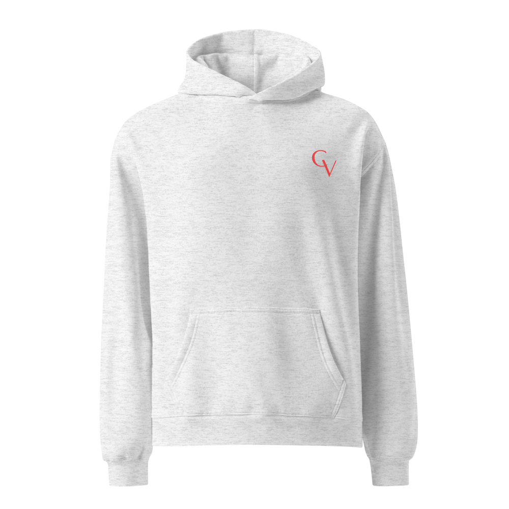 oversized hoodie with coral logo in White Heather, front view — Shakespeare Revisited